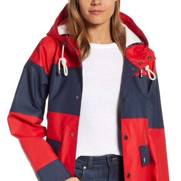 Pendleton Seaside Waterproof Slicker Hooded Raincoat Striped Red Navy Womens M - Picture 1 of 5